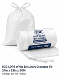 EGC LDPE White Bin Liners Drawtape Tie - 24in x 29in x 20M (15 Bags per Roll / 300s)