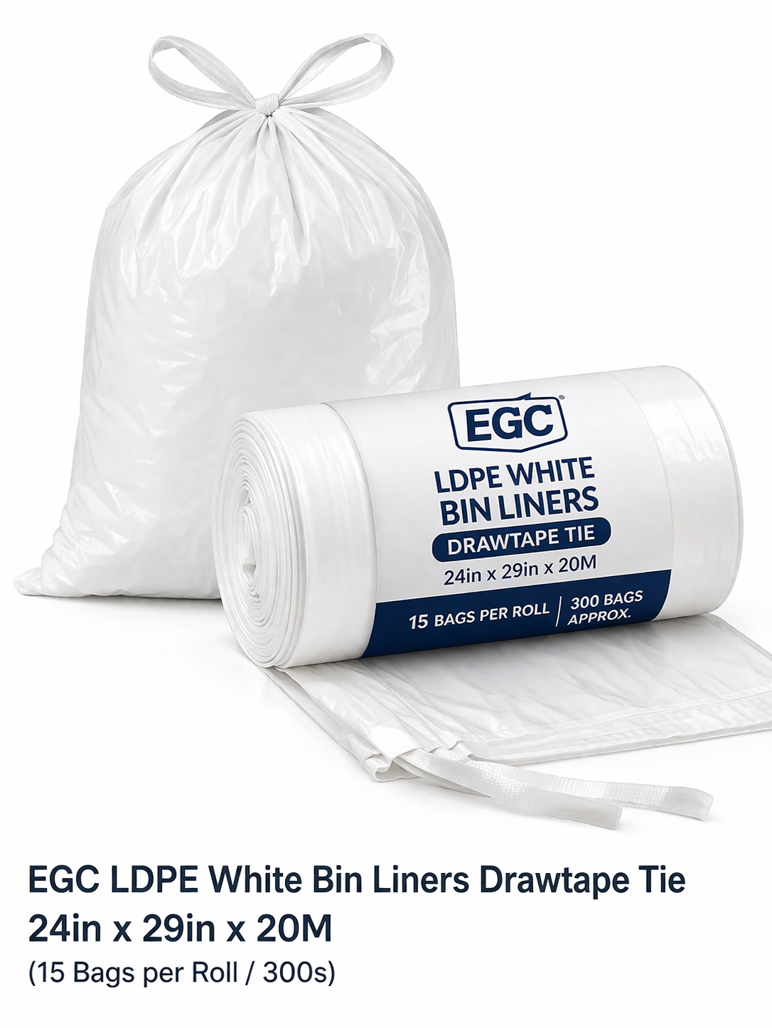 EGC LDPE White Bin Liners Drawtape Tie - 24in x 29in x 20M (15 Bags per Roll / 300s)