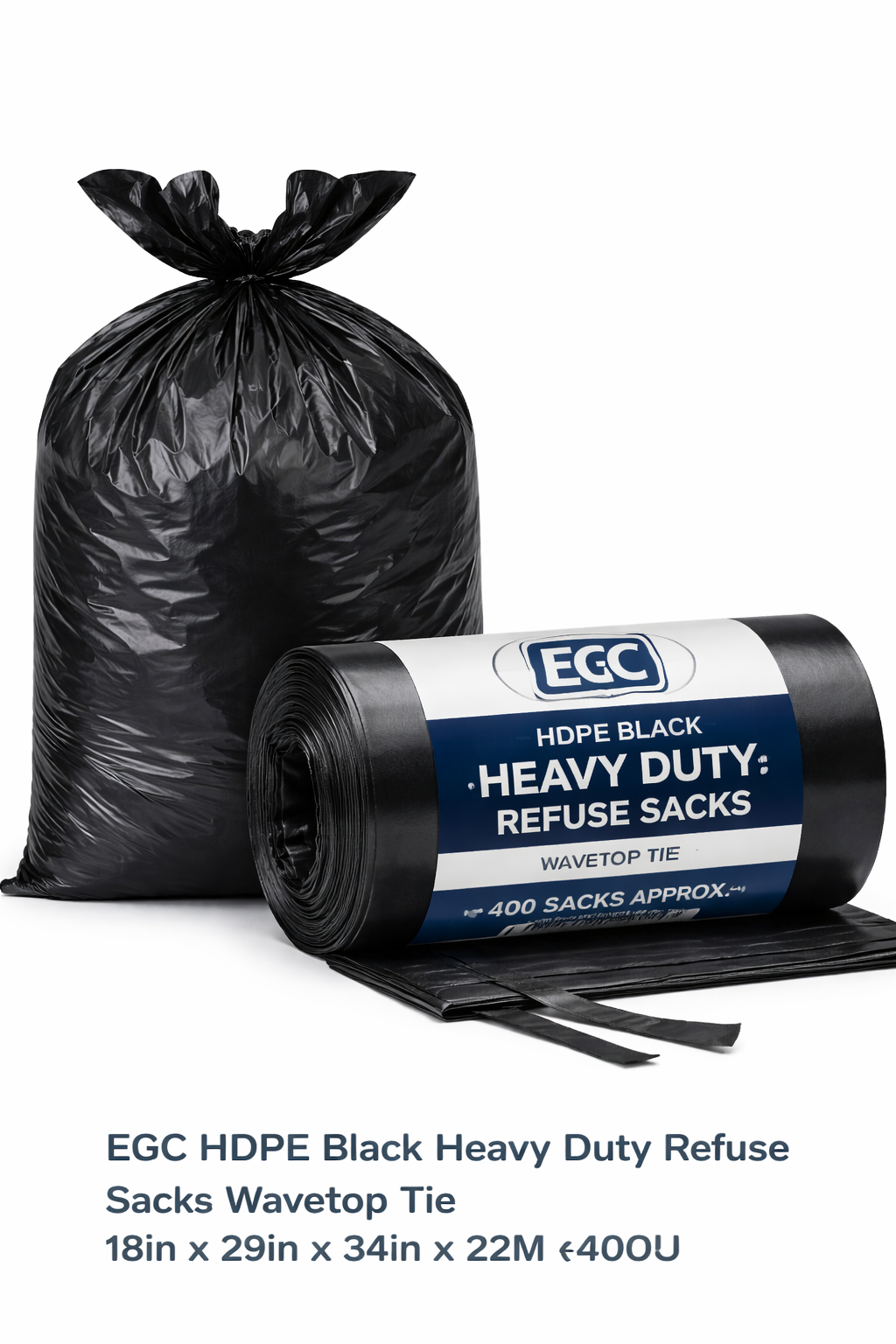 EGC HDPE Black Heavy Duty Refuse Sacks Wavetop Tie - 18in x 29in x 34in x 22M (400s)